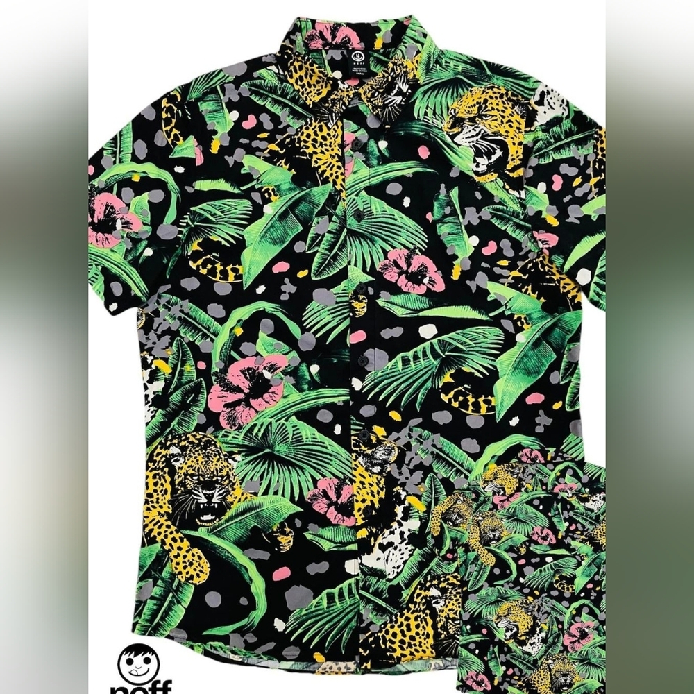 NEFF MENS LEOPARD PRINT BUTTON-DOWN SHORT SLEEVE SHIRT M